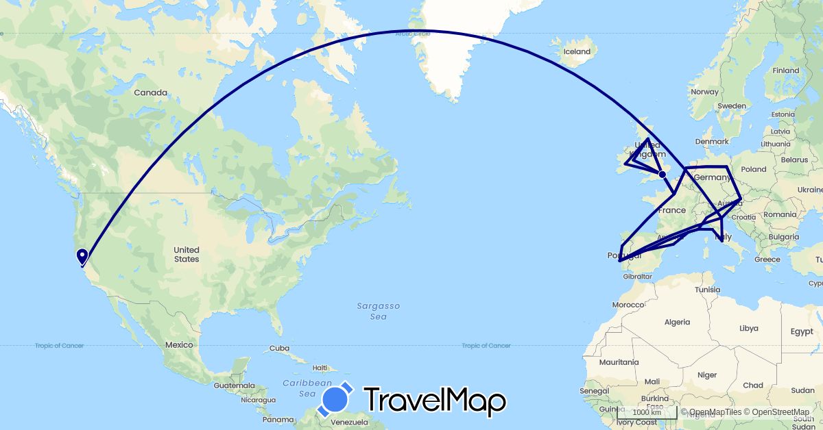 TravelMap itinerary: driving in Austria, Germany, Spain, France, United Kingdom, Ireland, Italy, Monaco, Netherlands, Portugal, United States, Vatican City (Europe, North America)