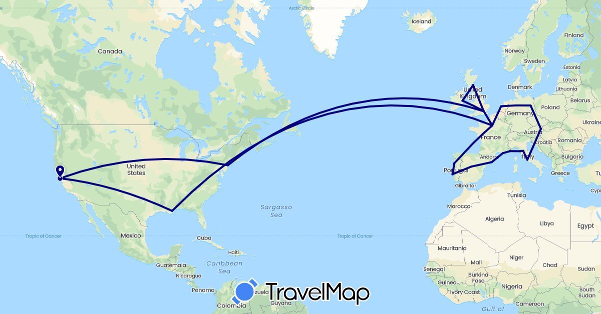 TravelMap itinerary: driving in Austria, Germany, Spain, France, United Kingdom, Ireland, Italy, Monaco, Netherlands, Portugal, United States, Vatican City (Europe, North America)